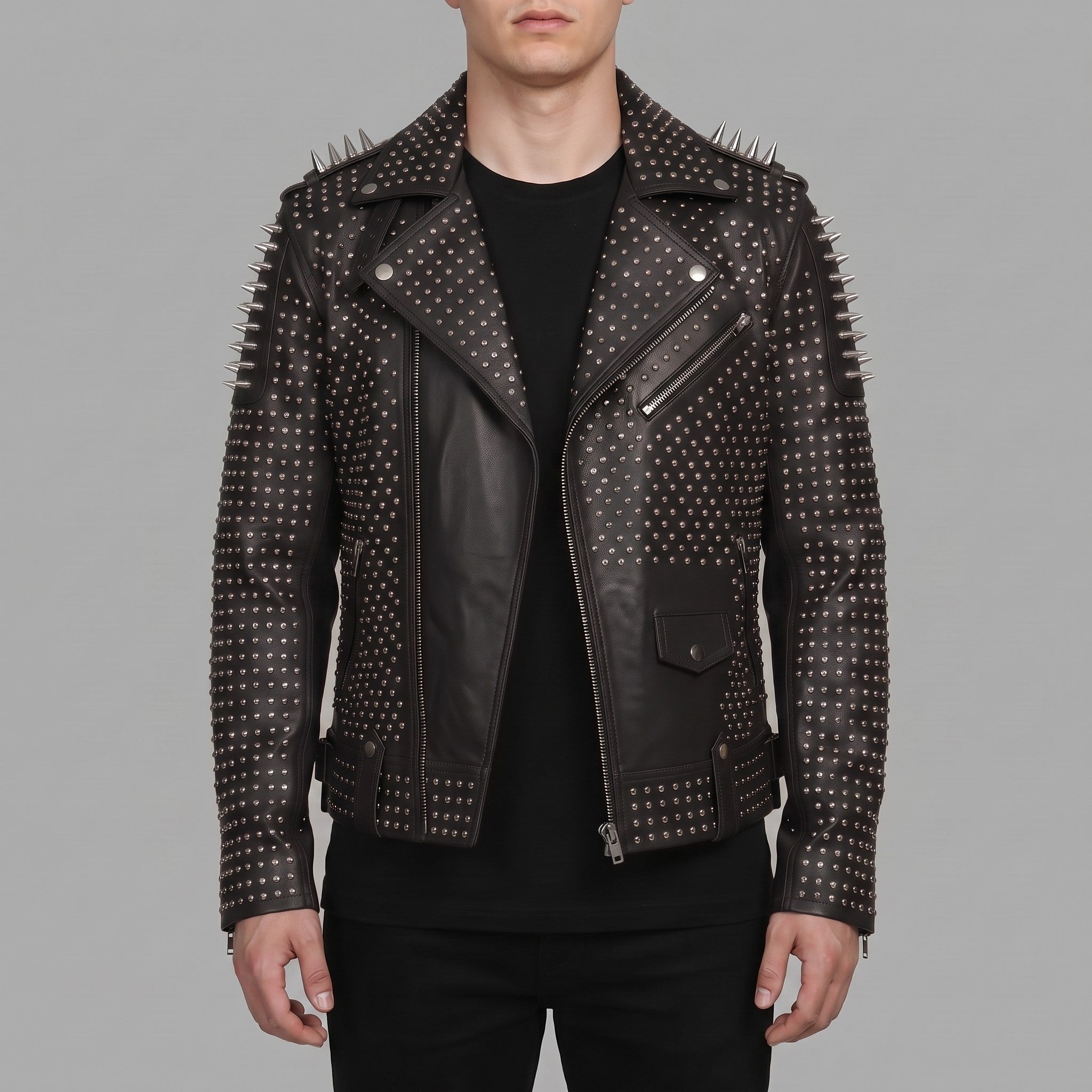 Men's Black Studded Leather Biker Jacket — Burbidge
