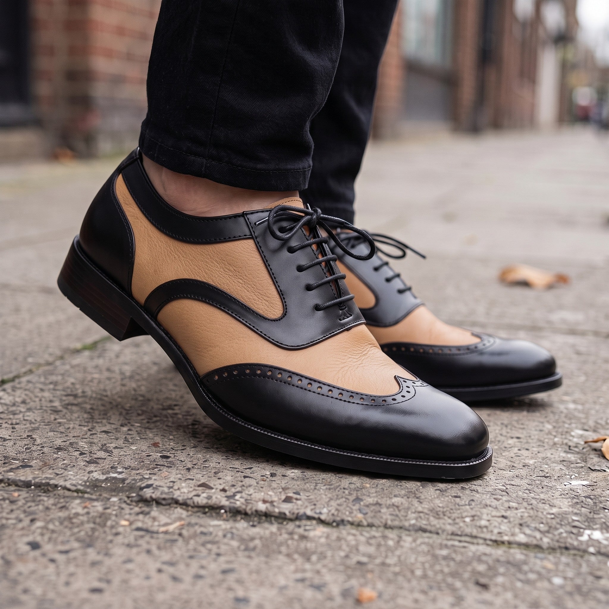 Men's Tan and Black Two-Tone Wingtip Leather Spectator Oxfords — Anstruther