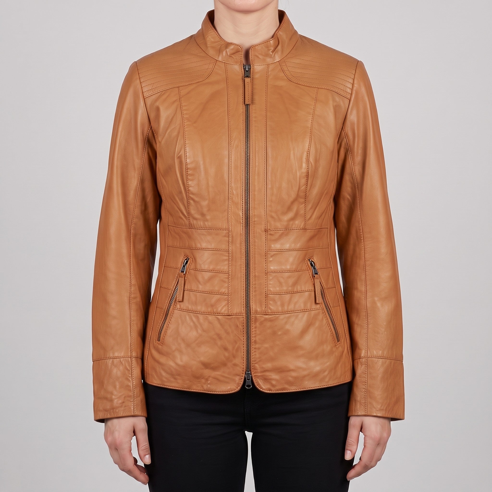 Women's Tan Leather Biker Jacket — Hammond