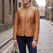 Women's Tan Leather Biker Jacket — Hammond