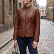 Women's Brown Leather Biker Jacket — Hammond
