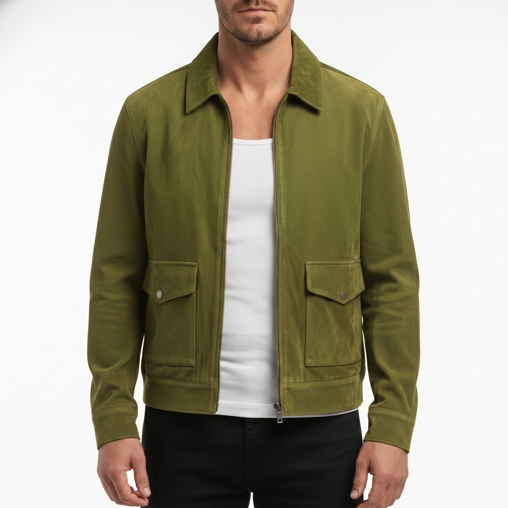 Men's Olive Green Suede Trucker Jacket — Rotherham