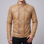 Men's Tan Leather Biker Jacket — Hempstead