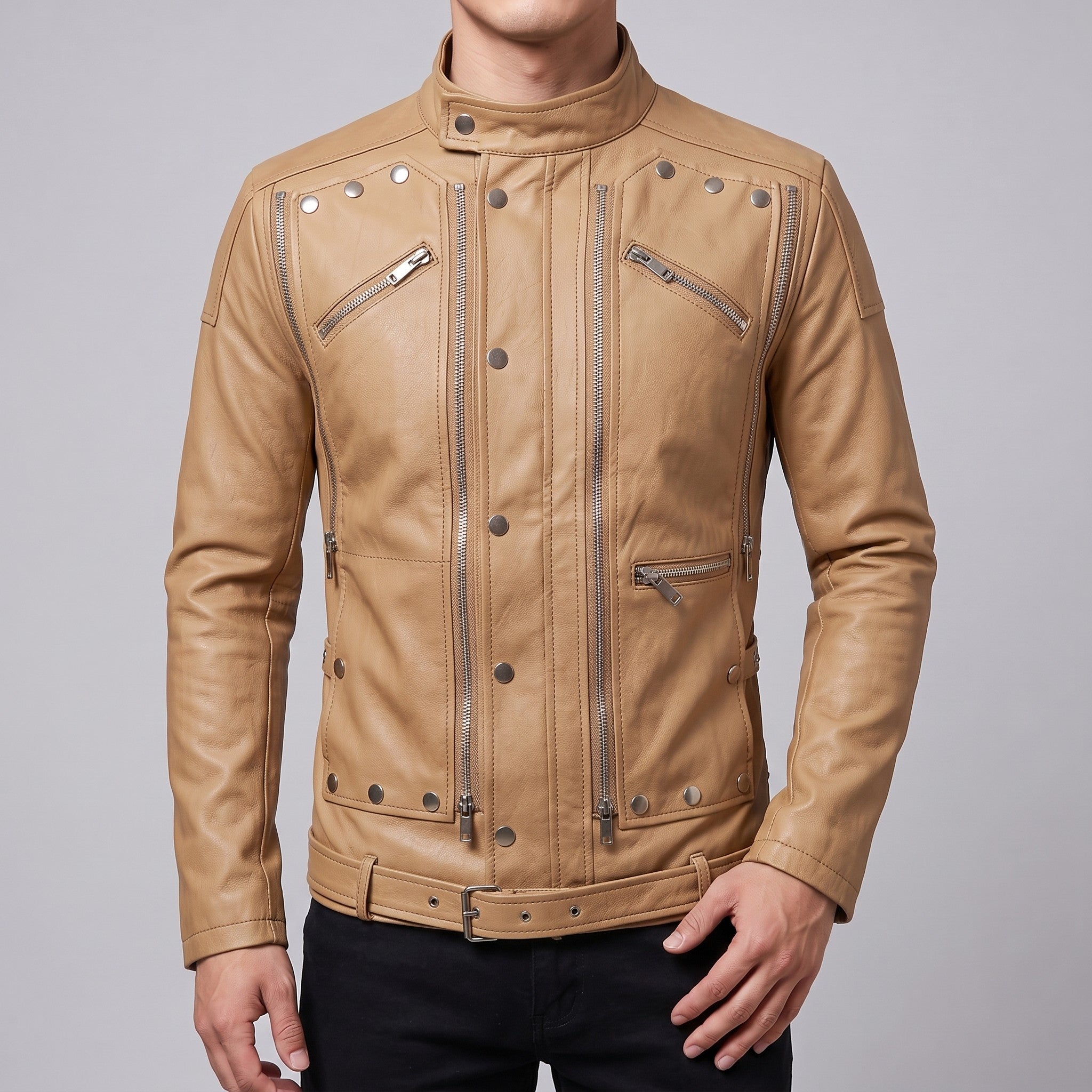 Men's Tan Leather Biker Jacket — Hempstead
