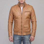 Men's Tan Leather Bomber Jacket — Dearden