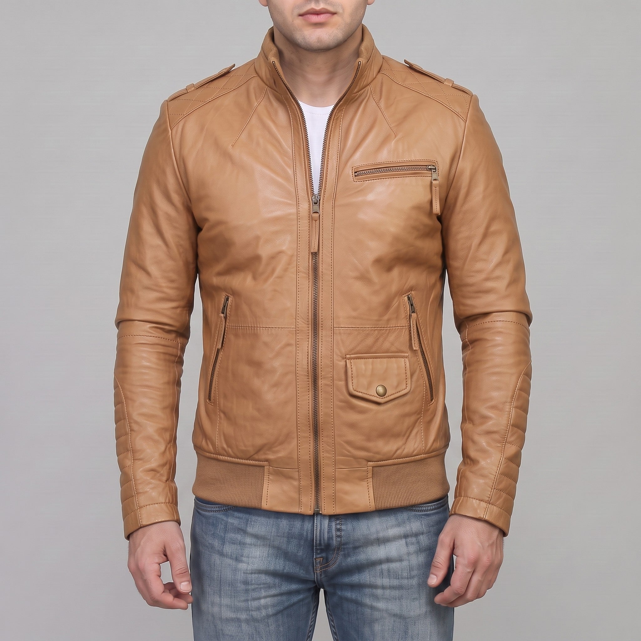 Men's Tan Leather Bomber Jacket — Dearden