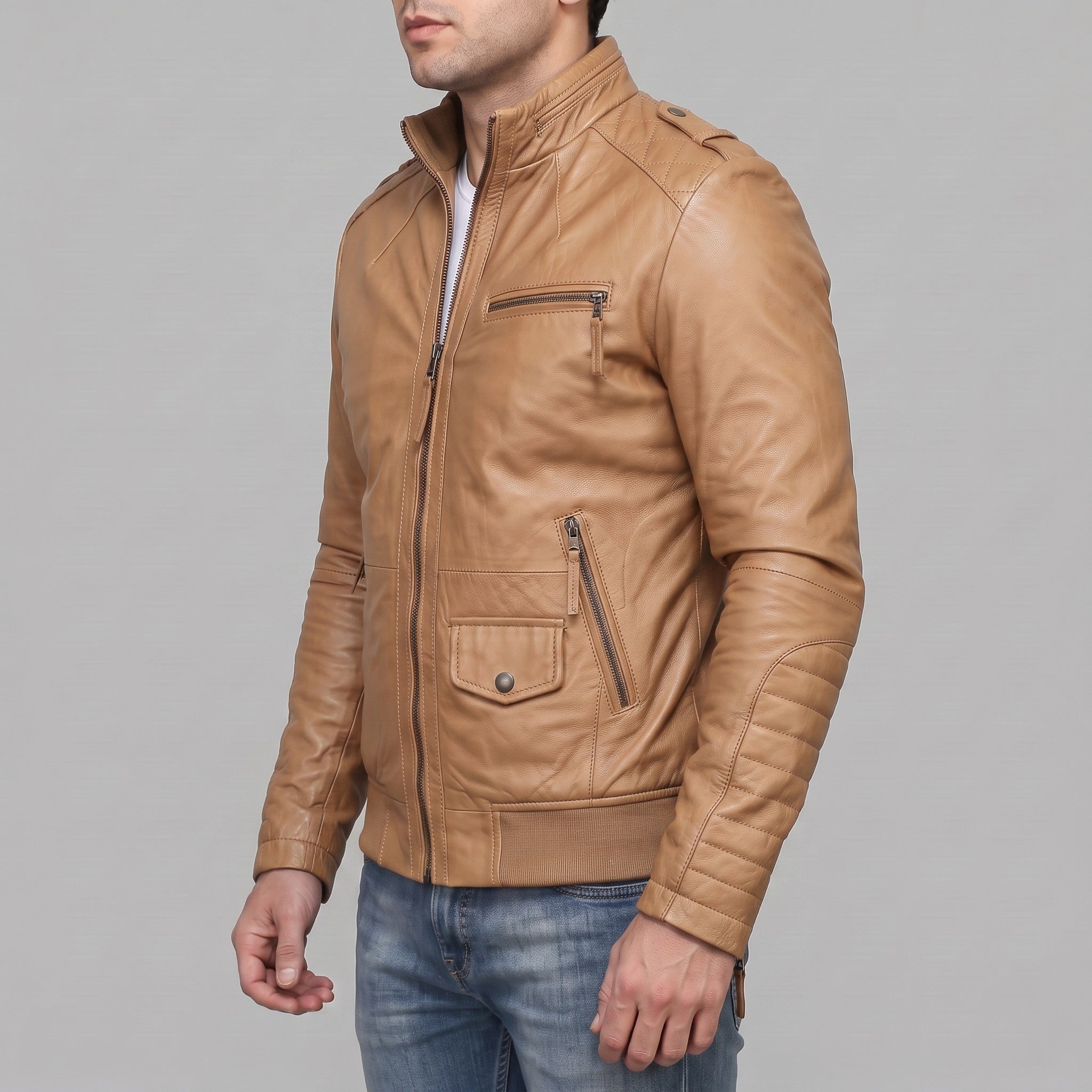 Men's Tan Leather Bomber Jacket — Dearden