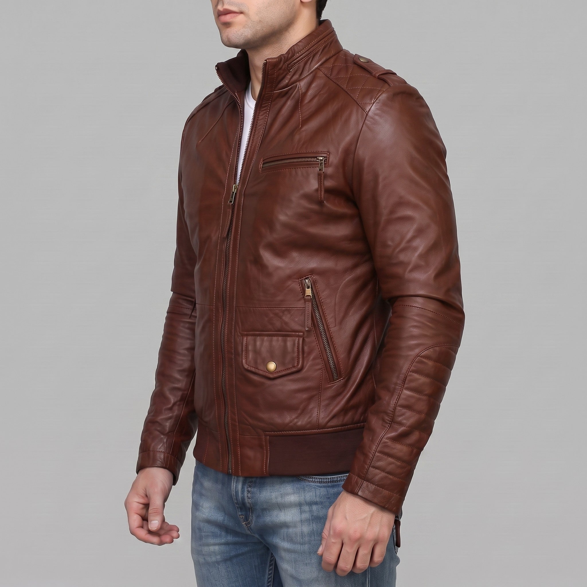 Men's Brown Leather Bomber Jacket — Dearden
