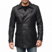 Men's Black Double-Breasted Leather Pea Coat Jacket — Henley