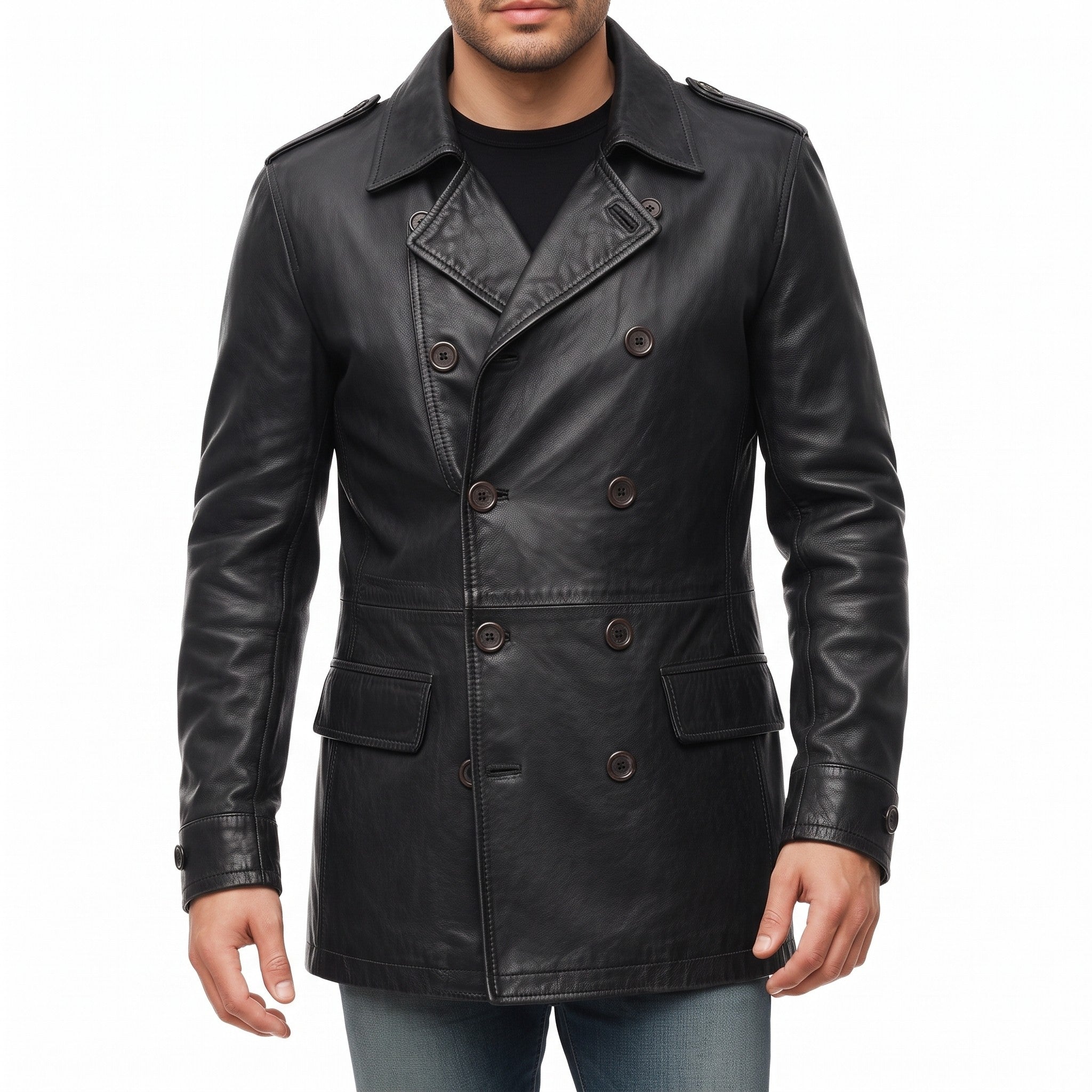 Men's Black Double-Breasted Leather Pea Coat Jacket — Henley