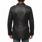 Men's Black Double-Breasted Leather Pea Coat Jacket — Henley