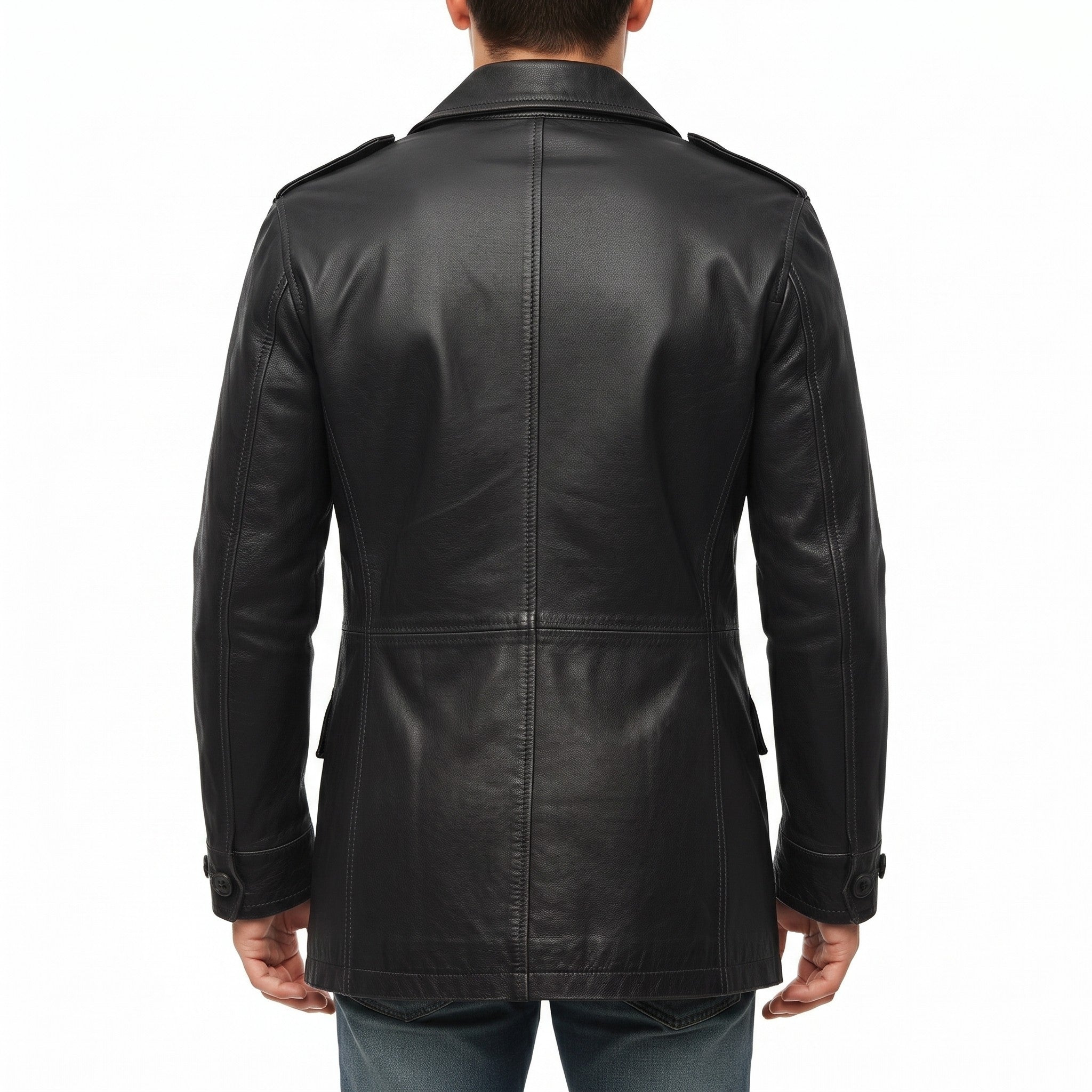 Men's Black Double-Breasted Leather Pea Coat Jacket — Henley