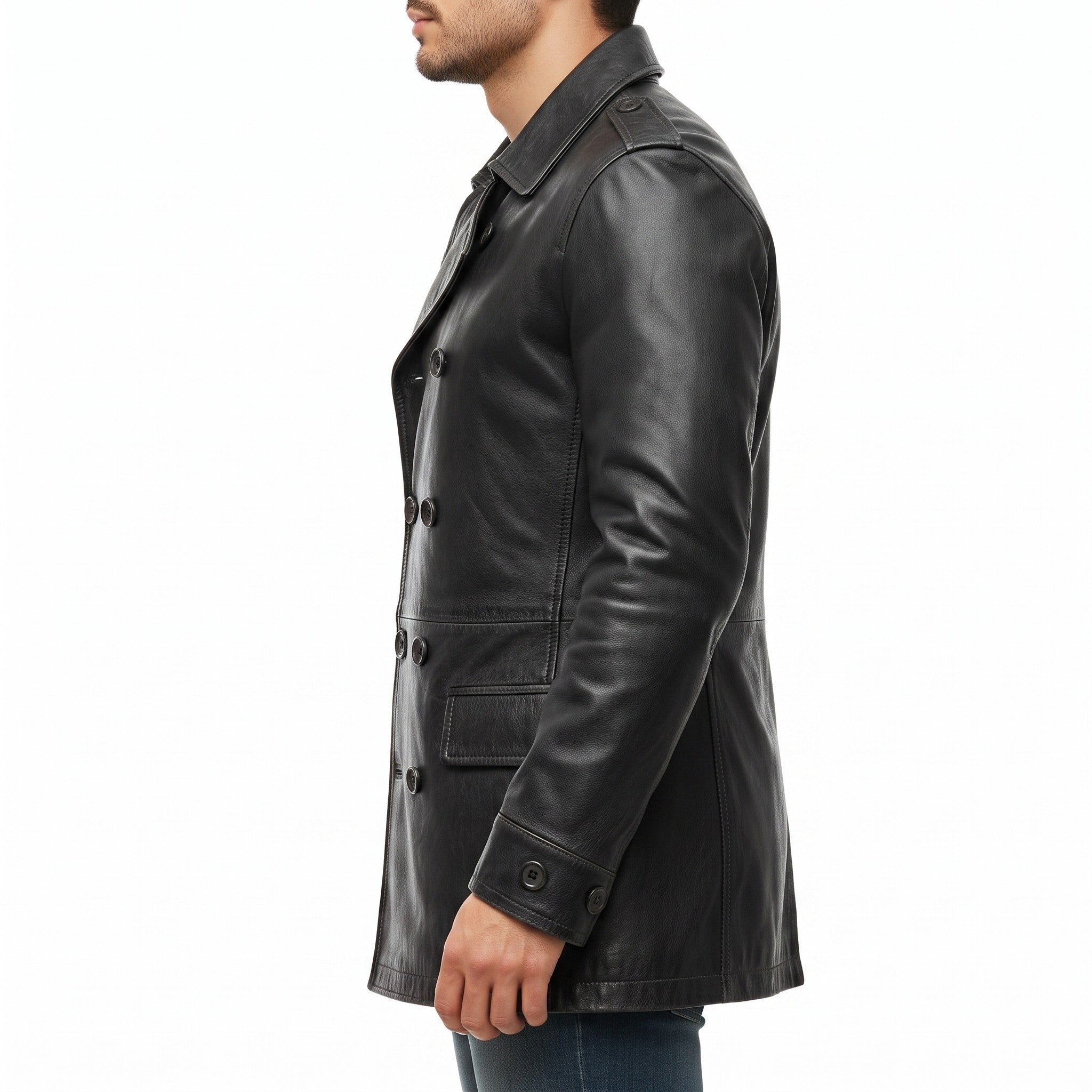 Men's Black Double-Breasted Leather Pea Coat Jacket — Henley