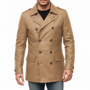 Men's Tan Double-Breasted Leather Pea Coat Jacket — Henley