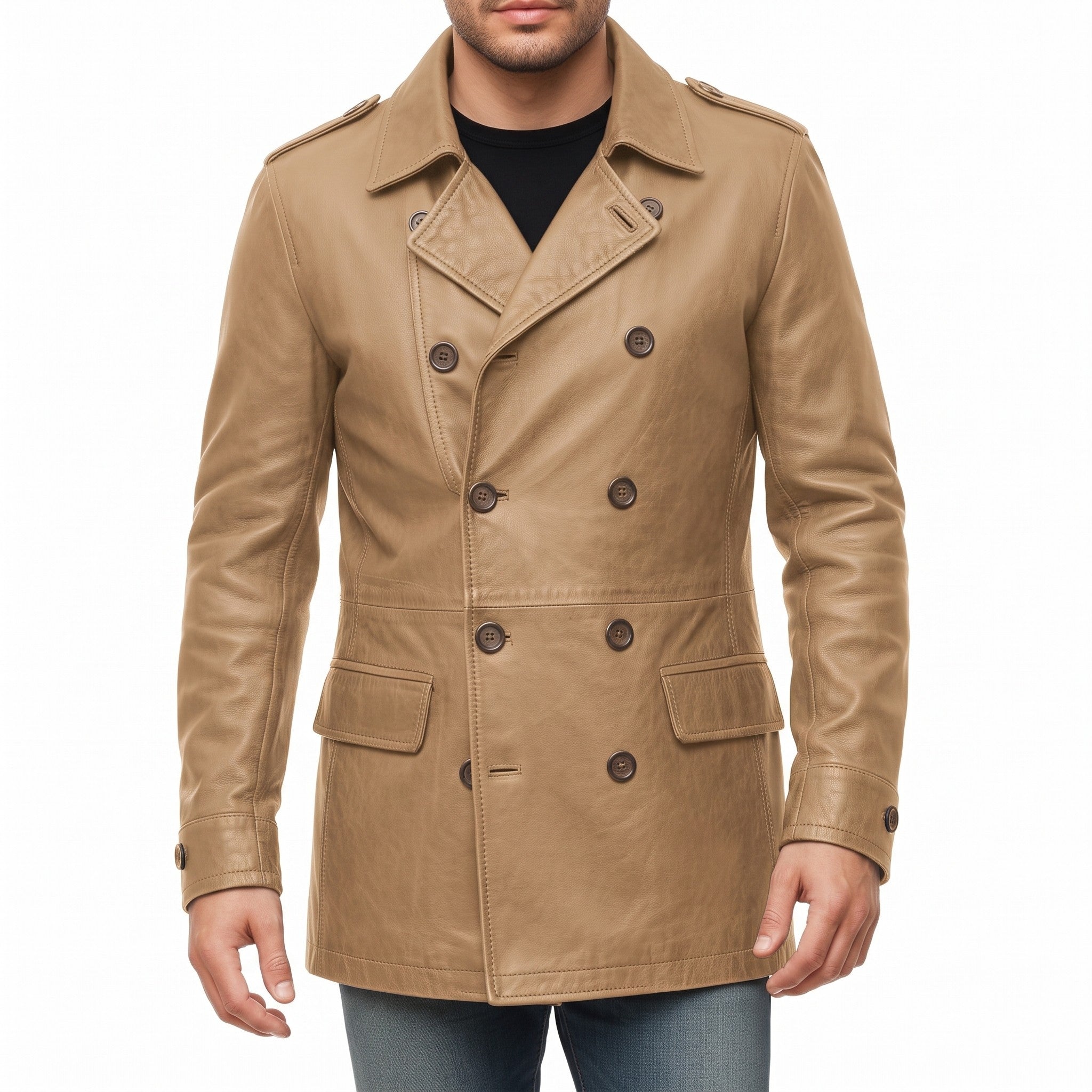 Men's Tan Double-Breasted Leather Pea Coat Jacket — Henley