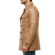 Men's Tan Double-Breasted Leather Pea Coat Jacket — Henley