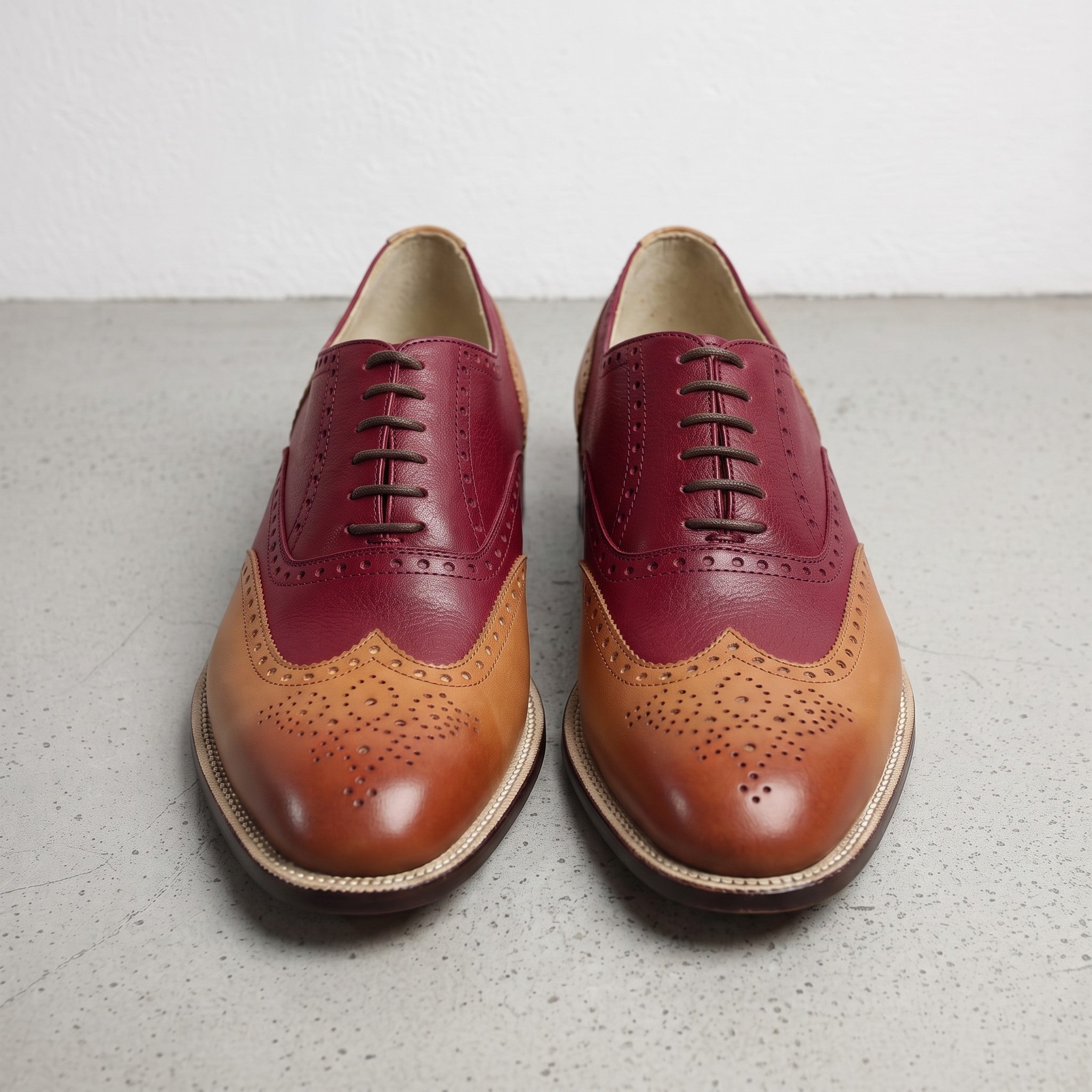Men's Burgundy and Brown Two-Tone Wingtip Leather Oxfords — Andover