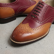 Men's Burgundy and Brown Two-Tone Wingtip Leather Oxfords — Andover