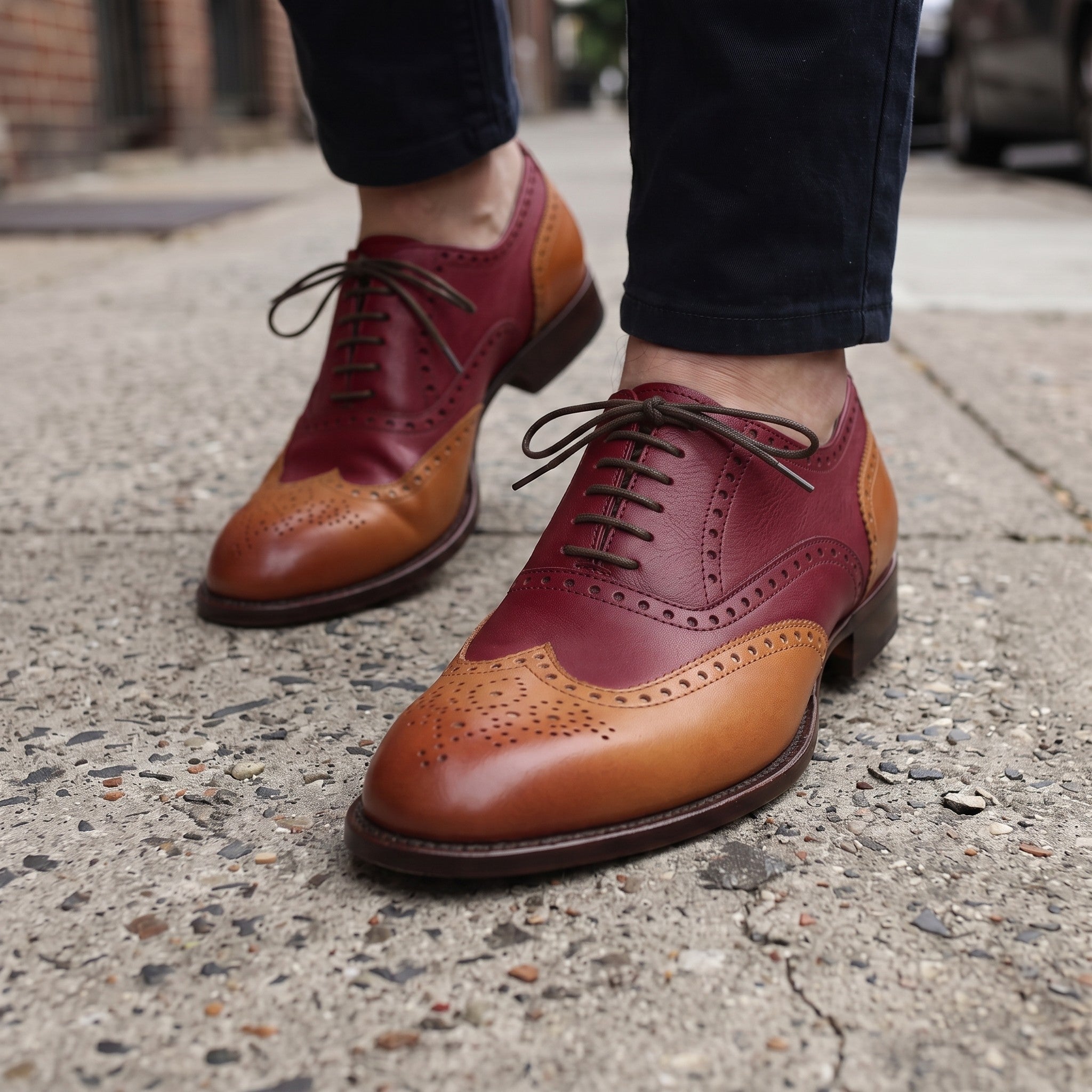 Men's Burgundy and Brown Two-Tone Wingtip Leather Oxfords — Andover
