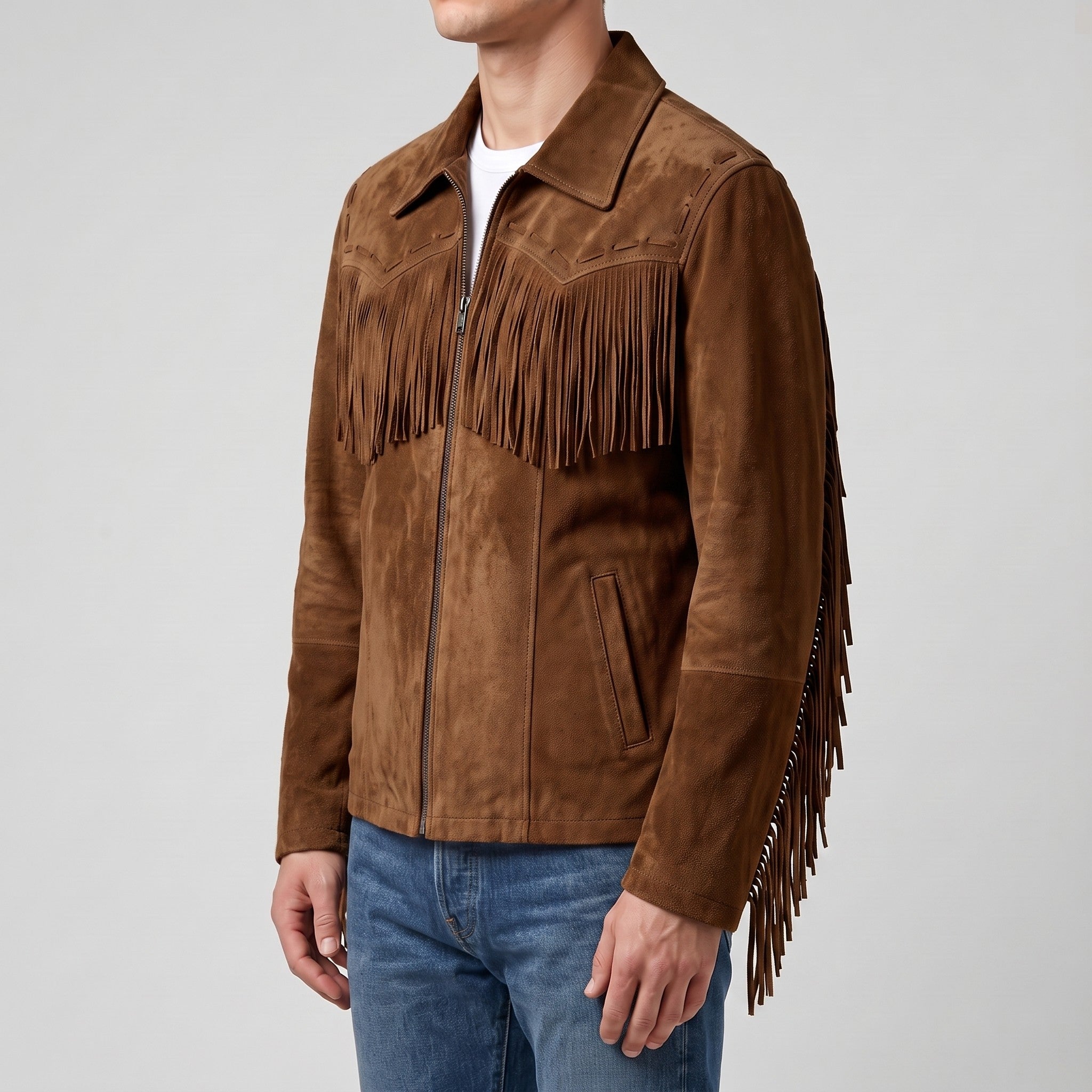 Men's Brown Suede Western Jacket with Fringes — Newbold