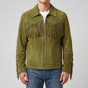 Men's Olive Green Suede Western Jacket with Fringes — Newbold
