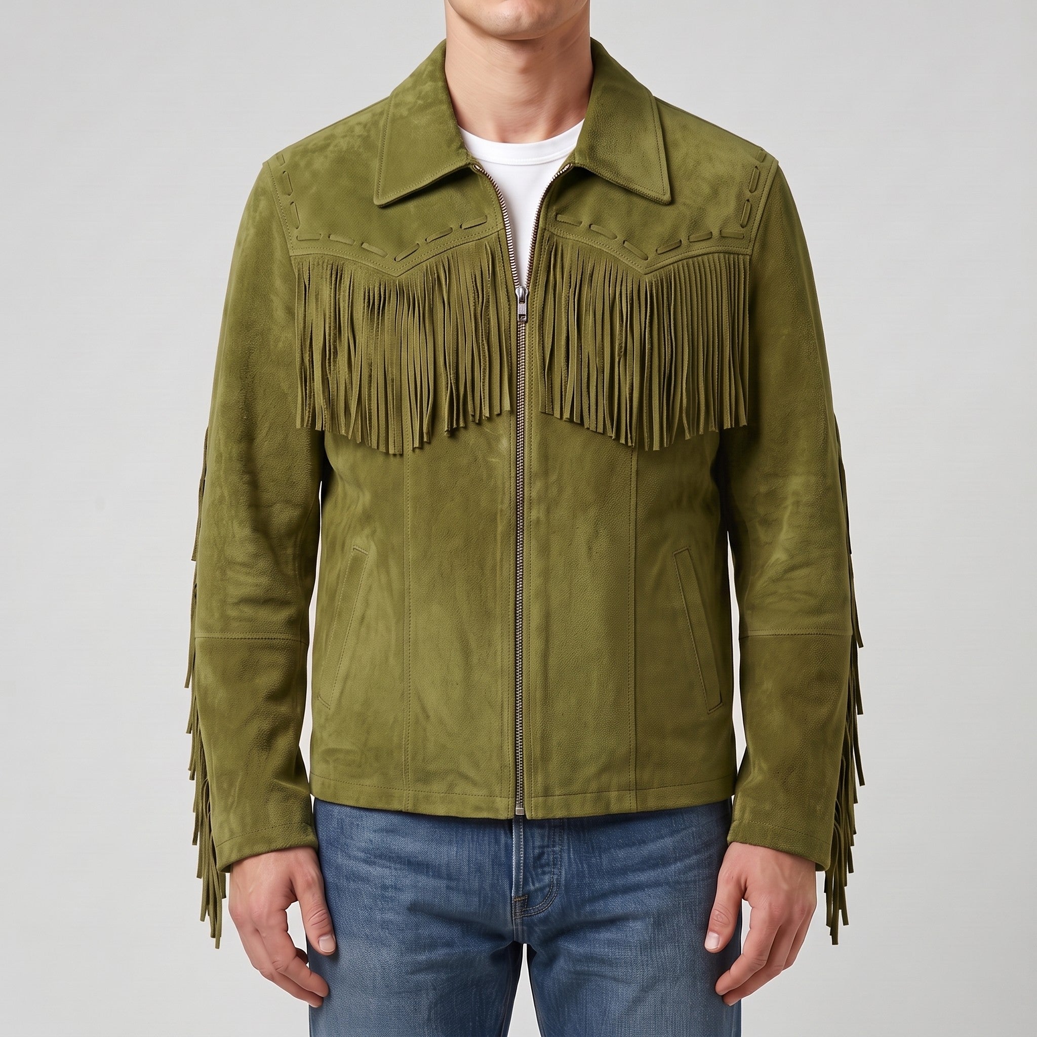 Men's Olive Green Suede Western Jacket with Fringes — Newbold
