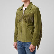 Men's Olive Green Suede Western Jacket with Fringes — Newbold
