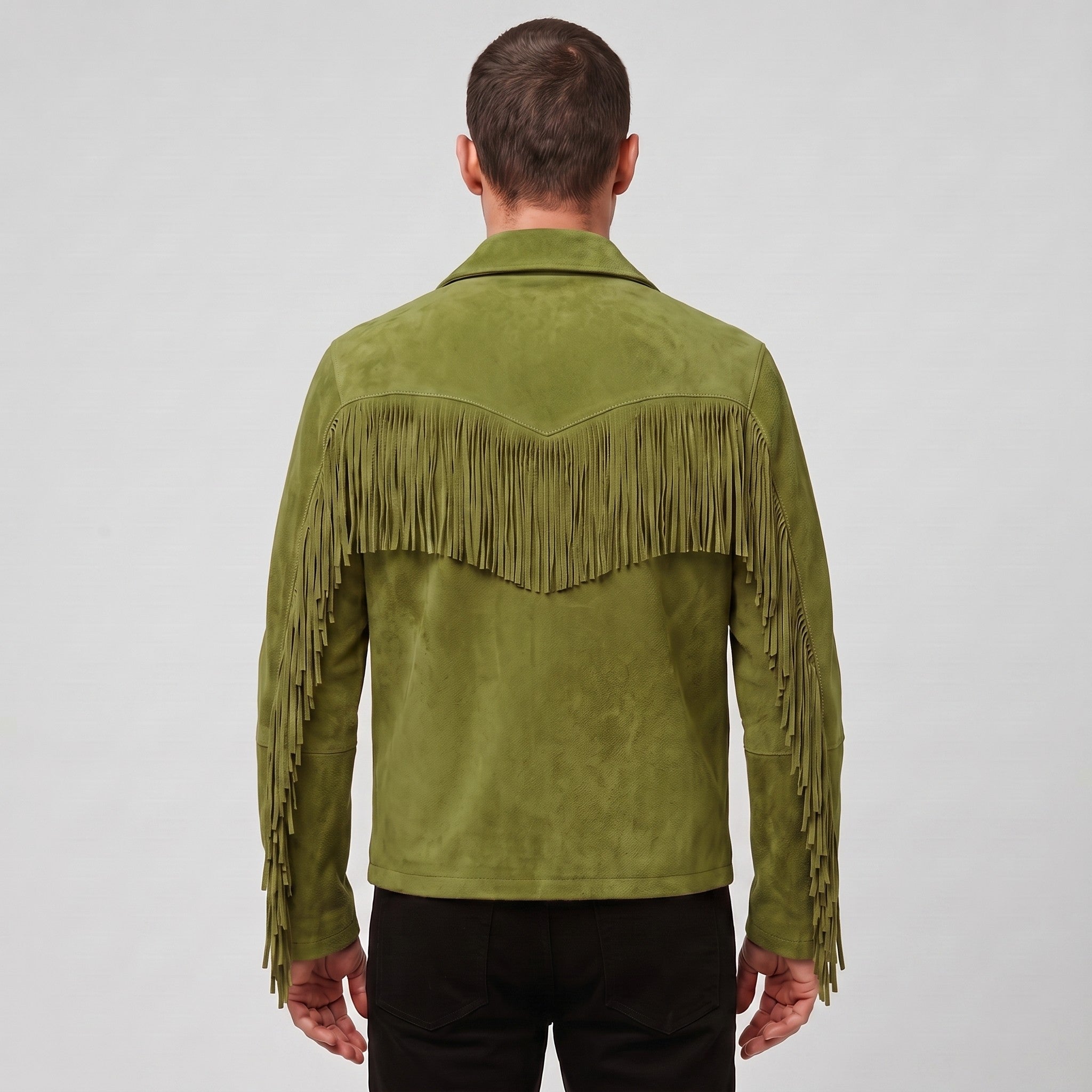 Men's Olive Green Suede Western Jacket with Fringes — Newbold