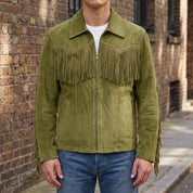 Men's Olive Green Suede Western Jacket with Fringes — Newbold
