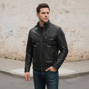 Men's Black Leather Biker Jacket — Austen
