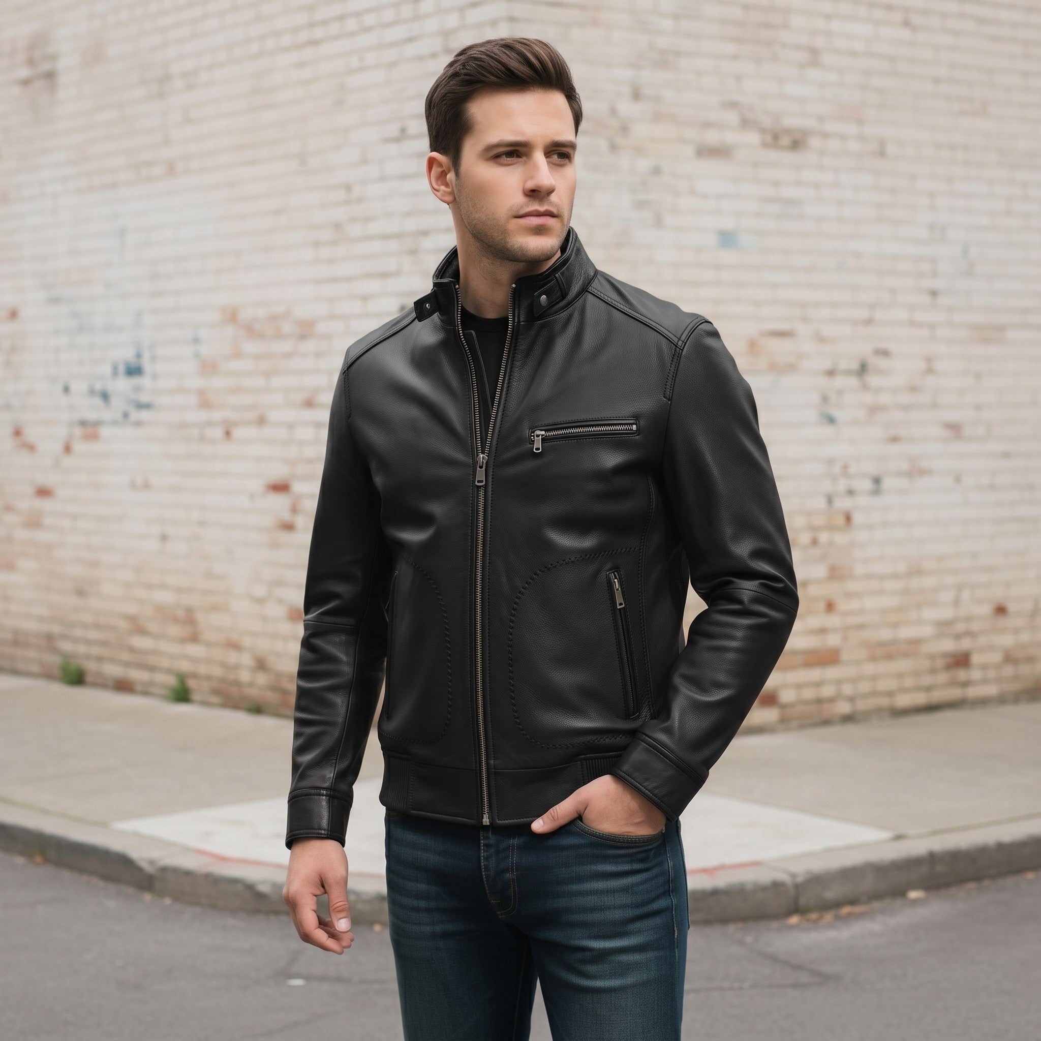 Men's Black Leather Biker Jacket — Austen