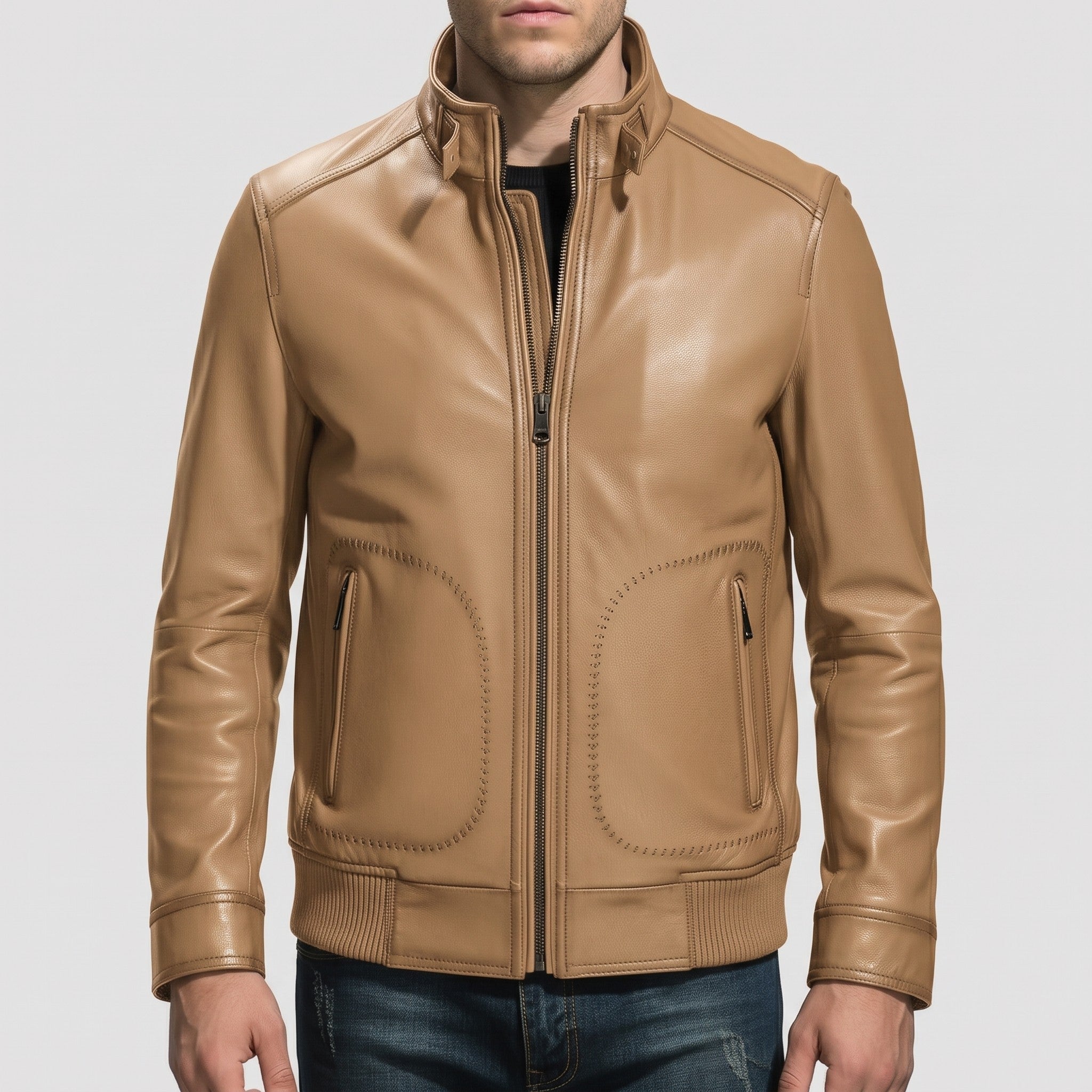 Men's Tan Leather Biker Jacket — Austen