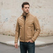 Men's Tan Leather Biker Jacket — Austen