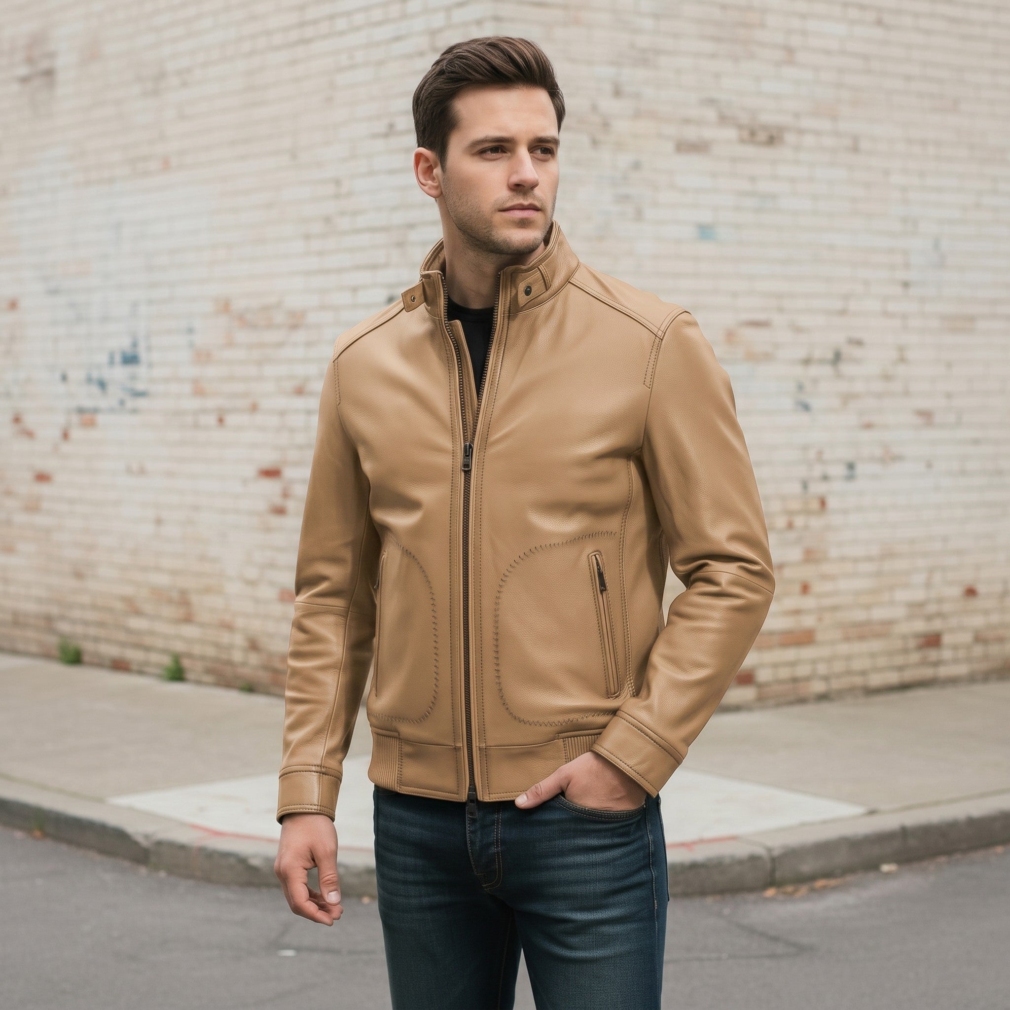 Men's Tan Leather Biker Jacket — Austen