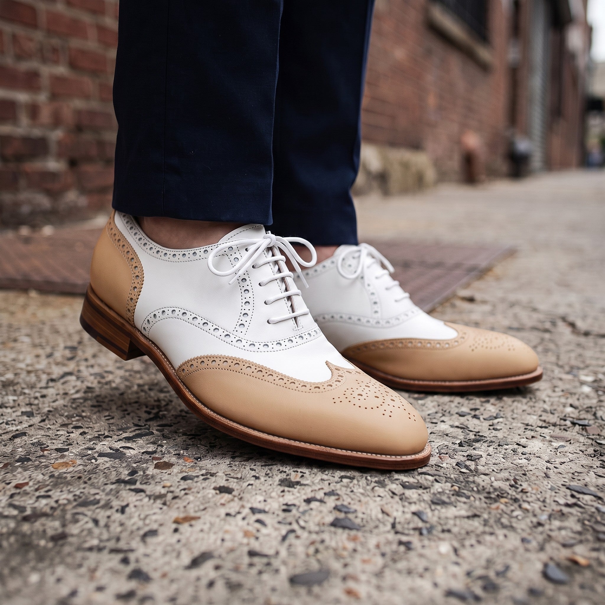 Men's Tan and White Wingtip Leather Spectator Oxfords — Hawthorne