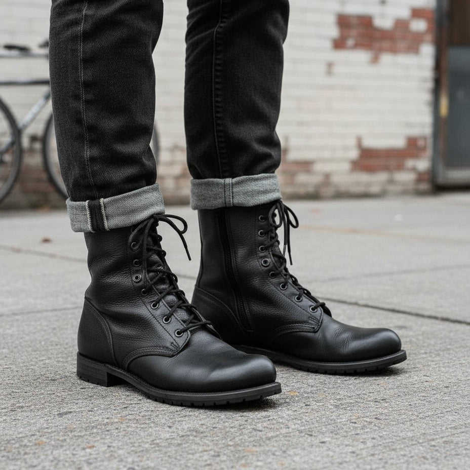Men's Black Pebbled Leather Combat Boots — Gaston