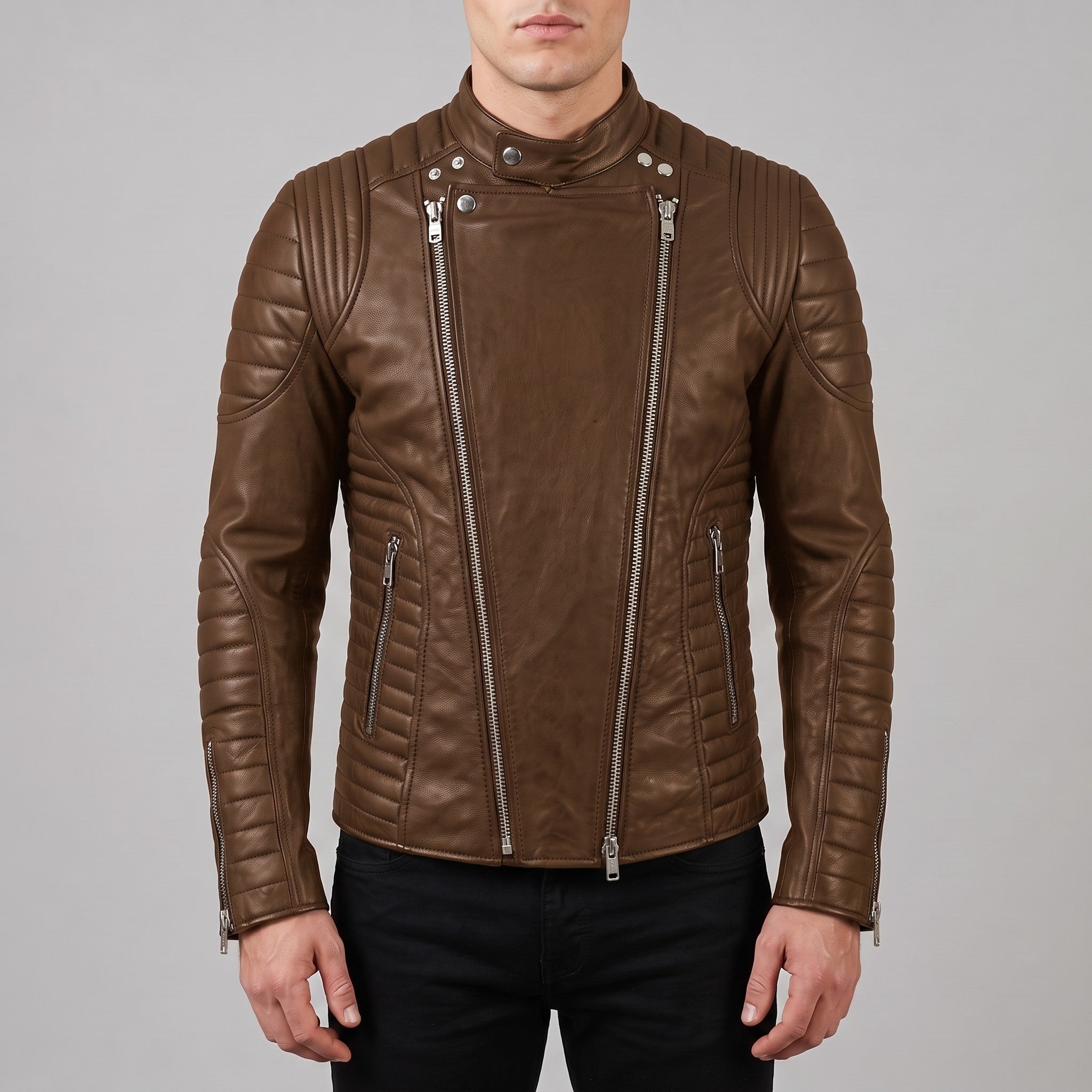 Men's Brown Leather Biker Jacket — Ampleforth