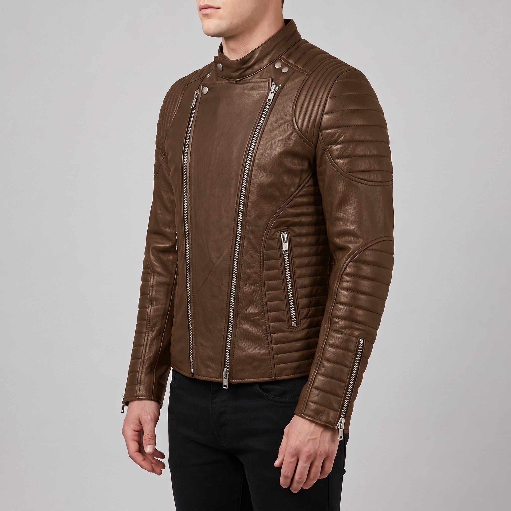 Men's Brown Leather Biker Jacket — Ampleforth