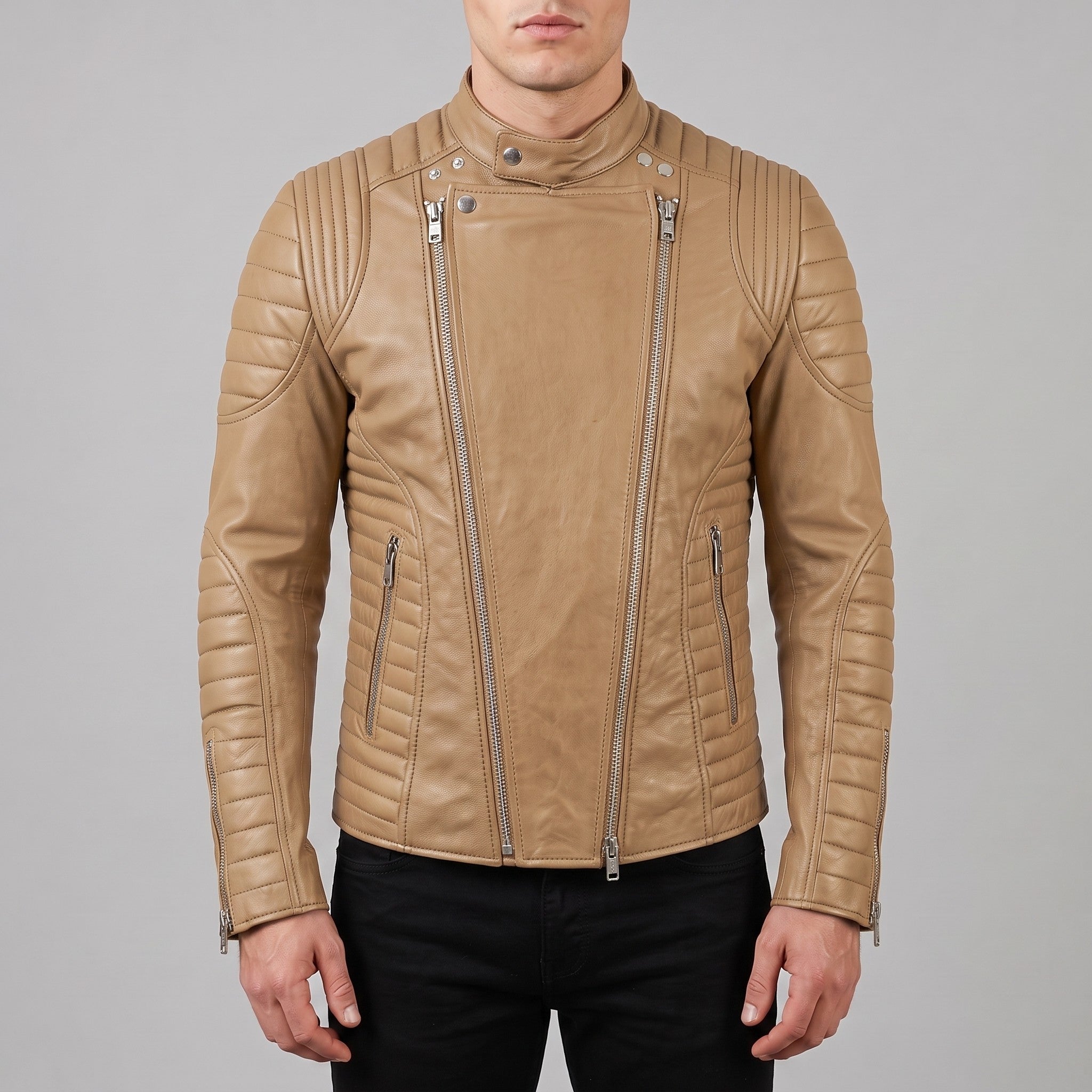 Men's Tan Leather Biker Jacket — Ampleforth