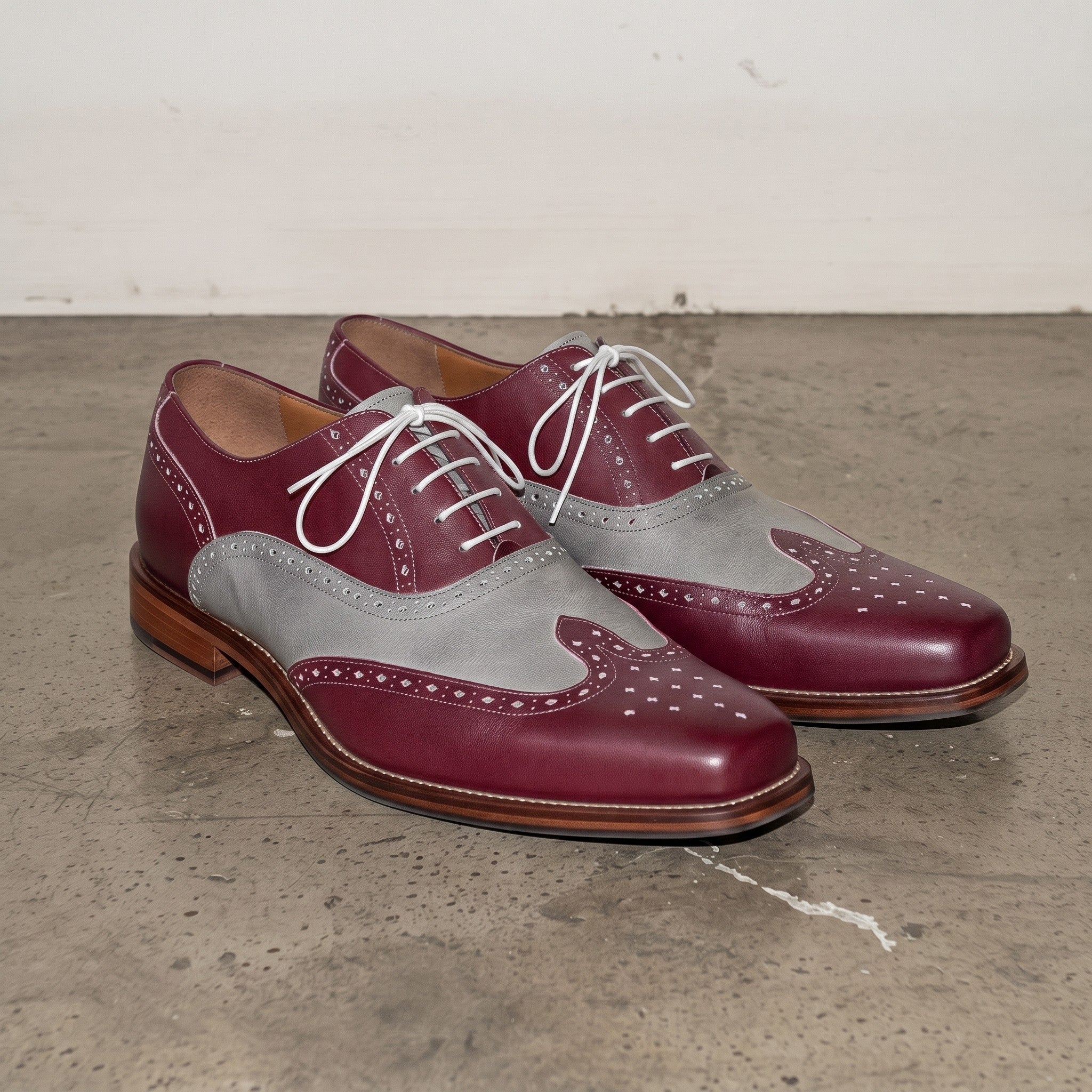 Men's Burgundy and Grey Two-Tone Wingtip Leather Spectator Oxfords — Edgeley