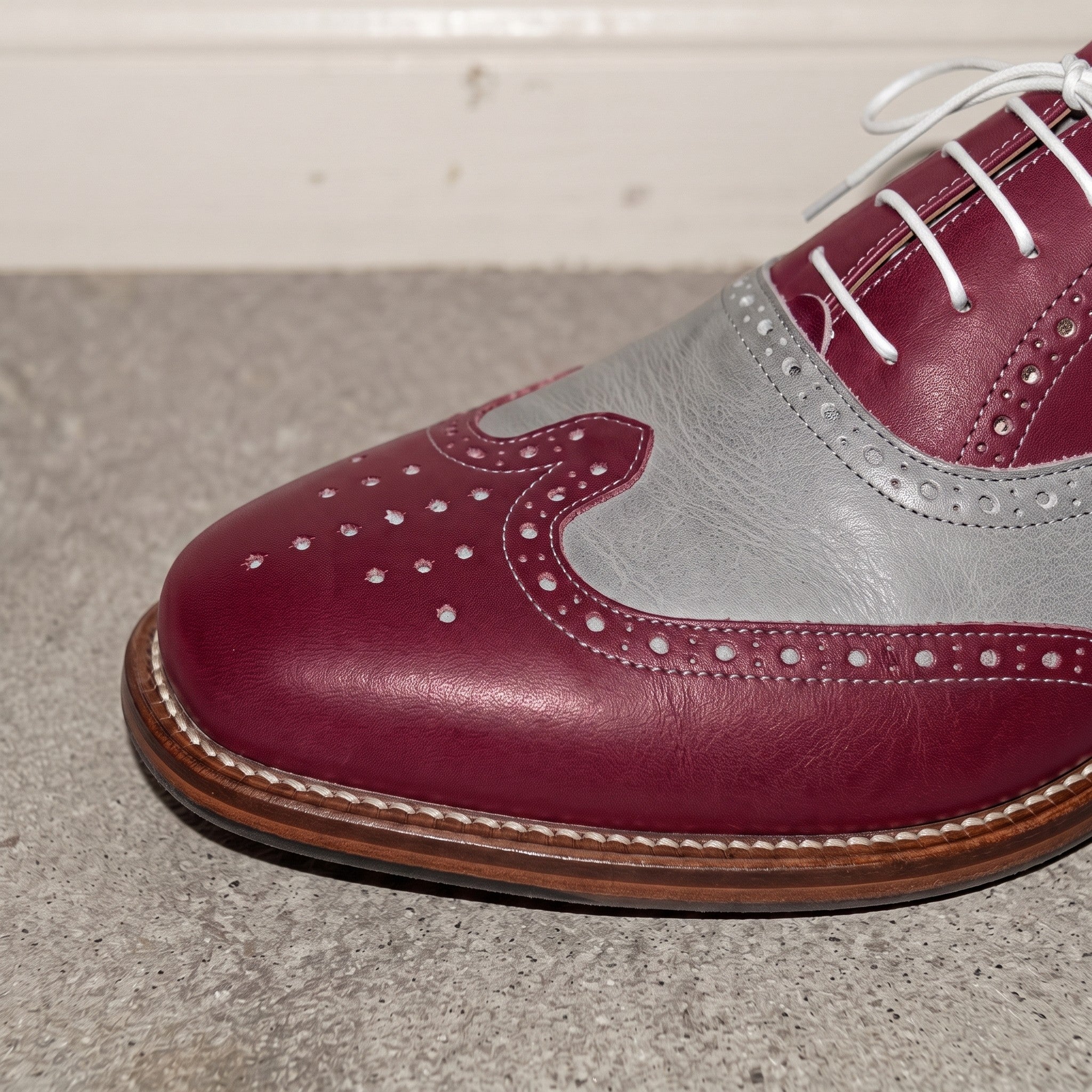 Men's Burgundy and Grey Two-Tone Wingtip Leather Spectator Oxfords — Edgeley