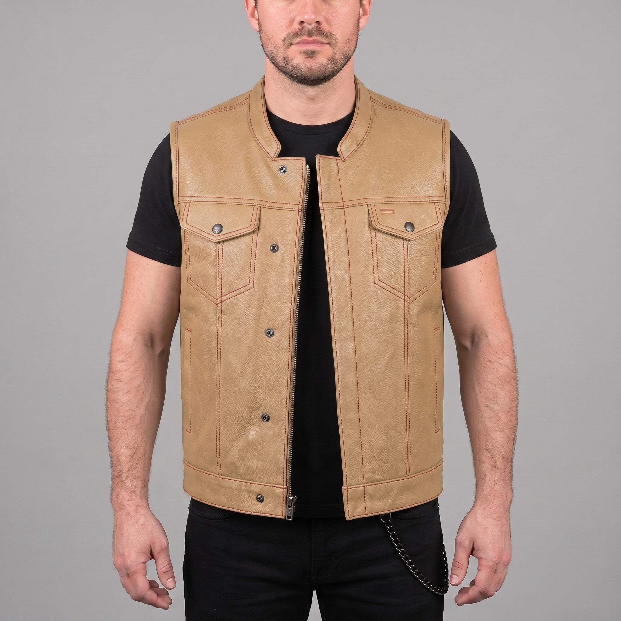 Men's Tan Leather Biker Vest — Isham