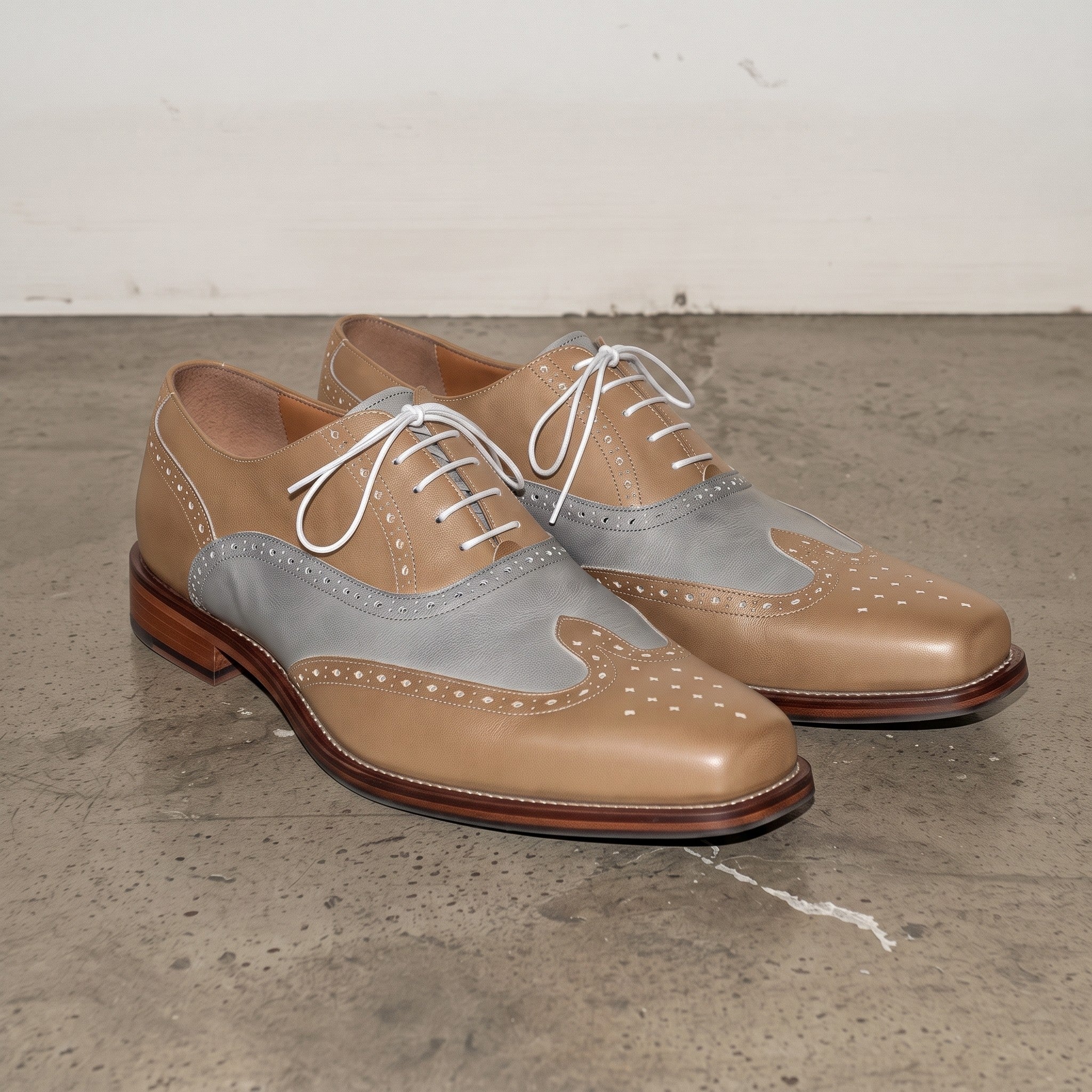 Men's Tan and Grey Two-Tone Wingtip Leather Spectator Oxfords — Edgeley