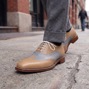 Men's Tan and Grey Two-Tone Wingtip Leather Spectator Oxfords — Edgeley