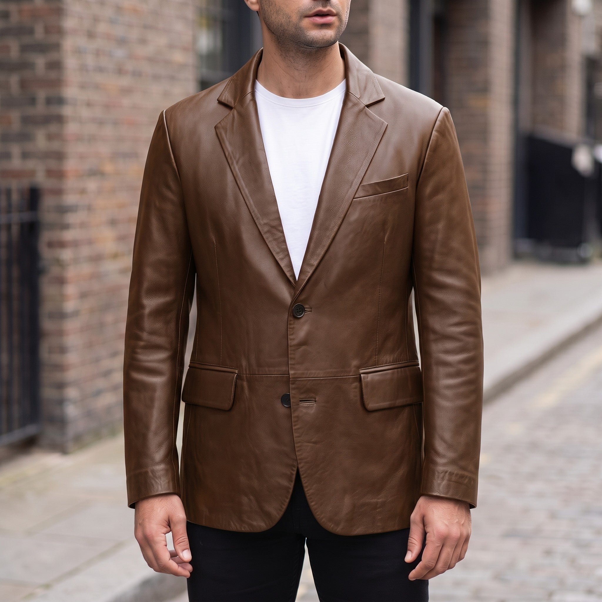 Men's Brown Leather Blazer Jacket — Lindsay