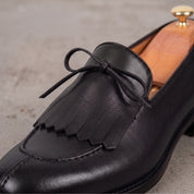 Men's Black Fringe Apron-Toe Leather Loafers — Braydon