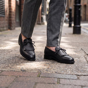 Men's Black Fringe Apron-Toe Leather Loafers — Braydon