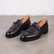 Men's Black Fringe Apron-Toe Leather Loafers — Braydon