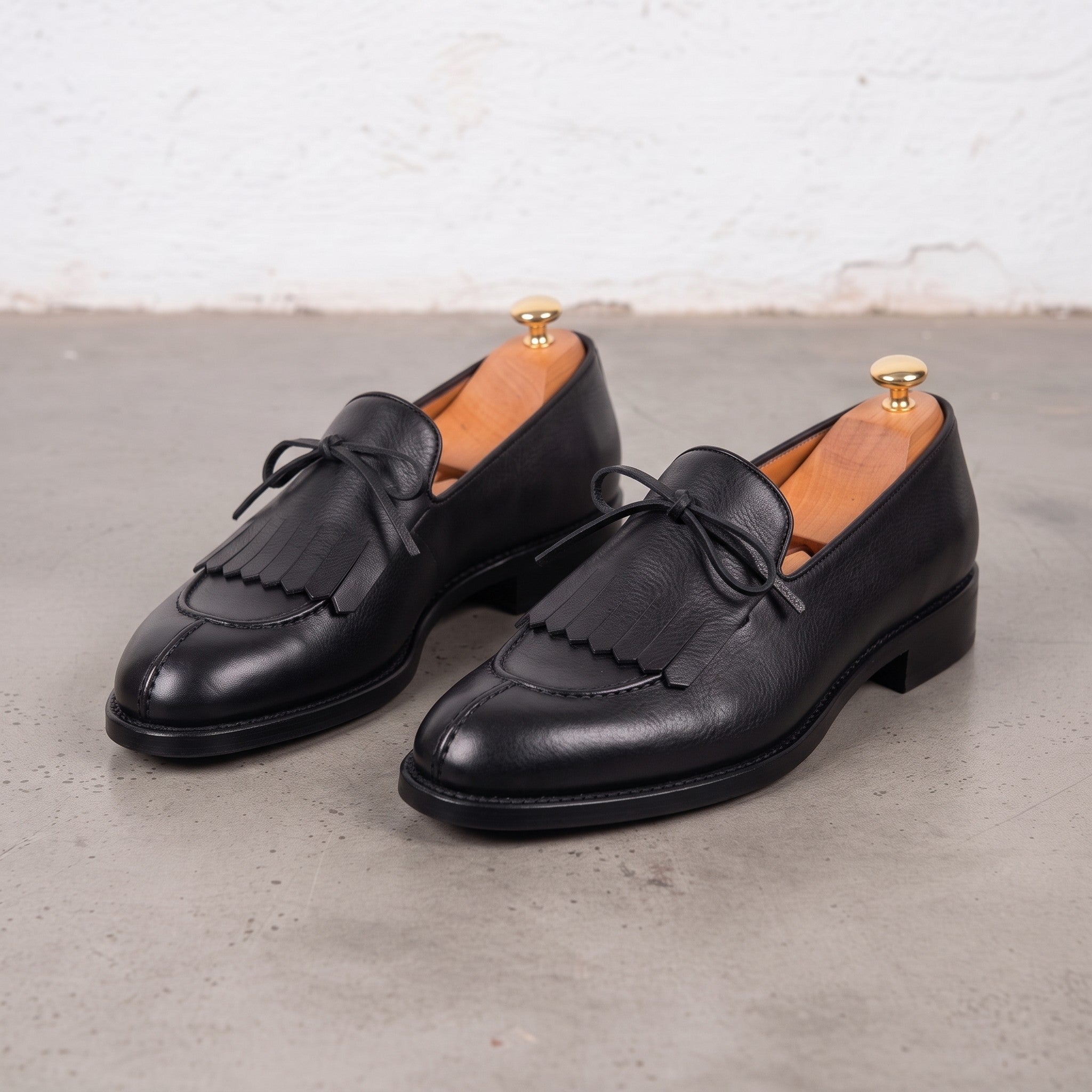 Men's Black Fringe Apron-Toe Leather Loafers — Braydon
