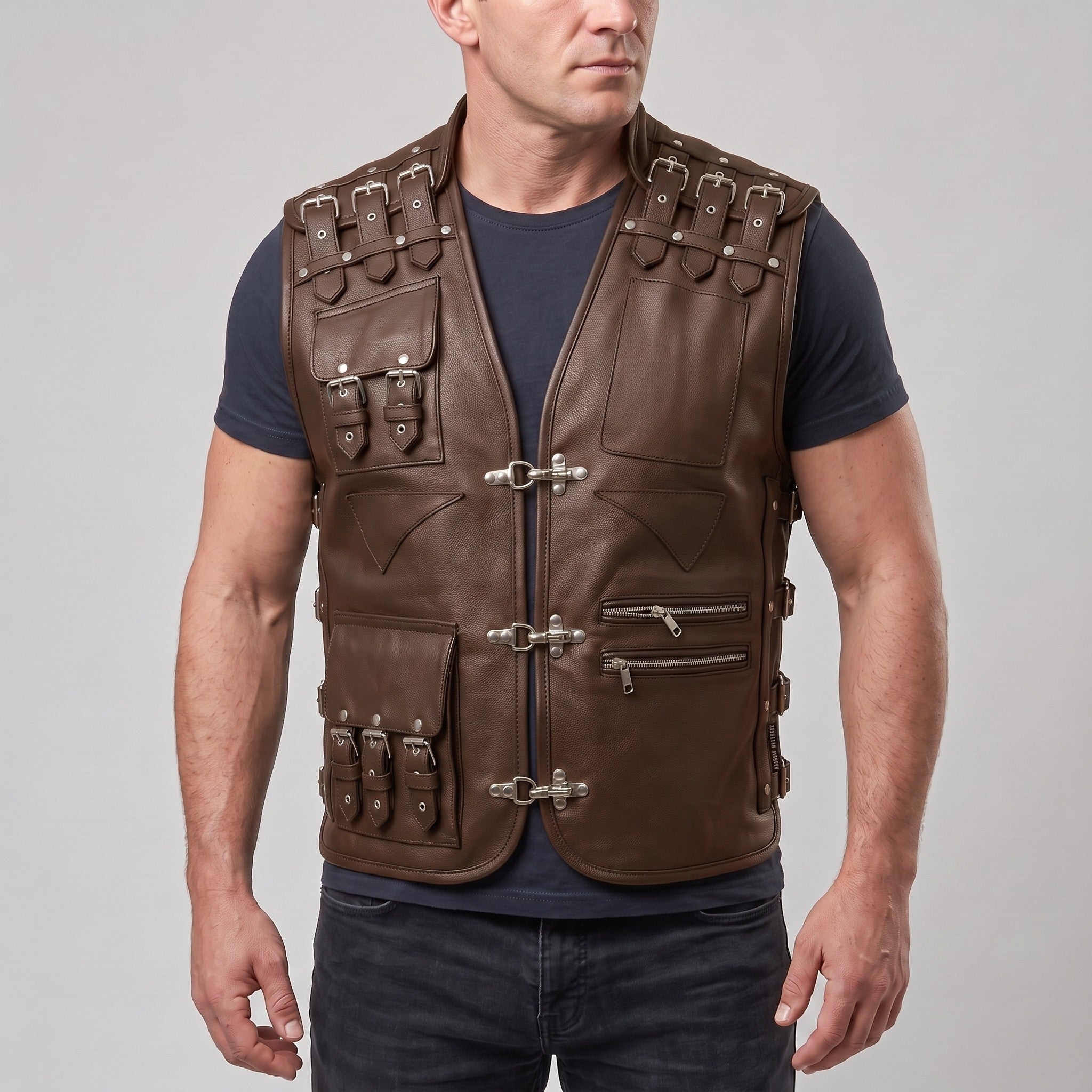 Men's Brown Leather Biker Vest — Newman